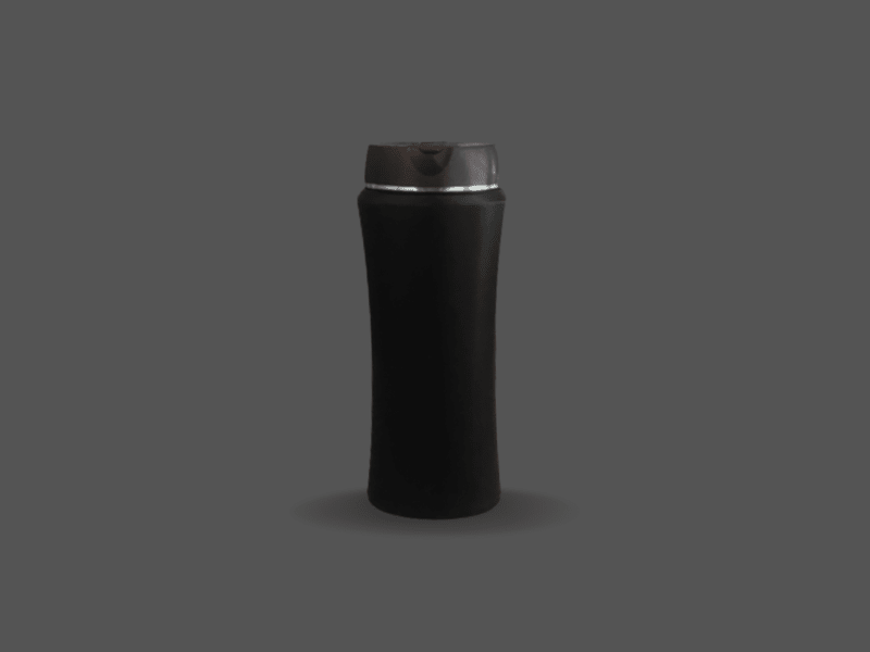 Black plastic shampoo bottle